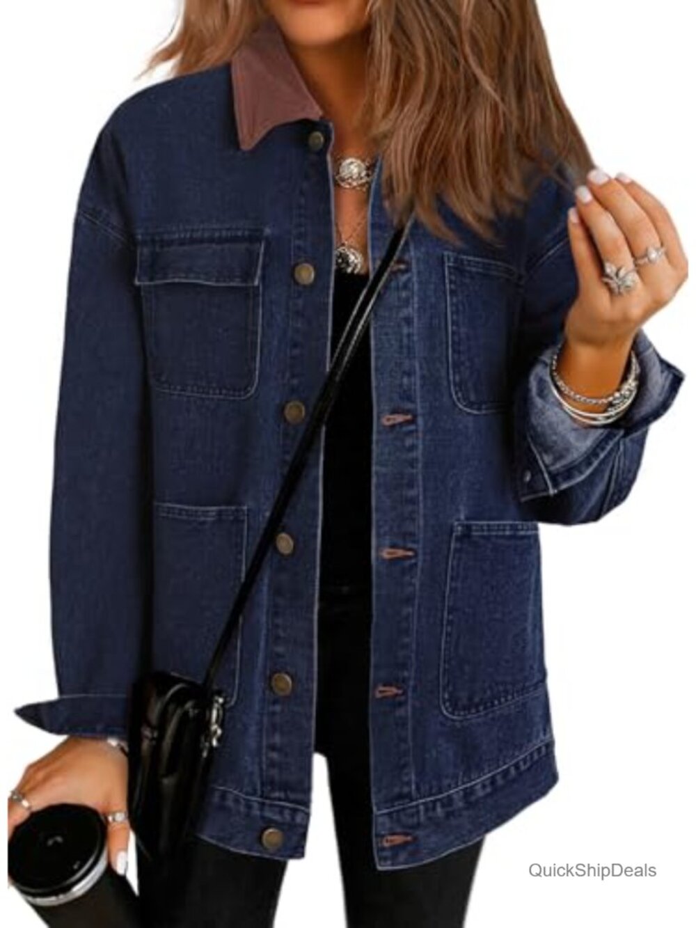 Corduroy Collar Denim Jacket Oversized Drop Shoulder Button Up